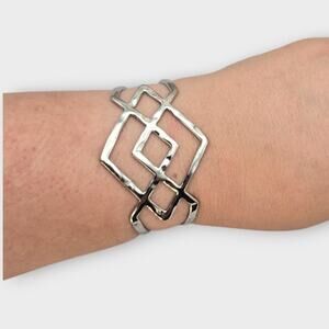 Silver Geometric Openwork Cuff Bracelet — Modern Sculptural Statement